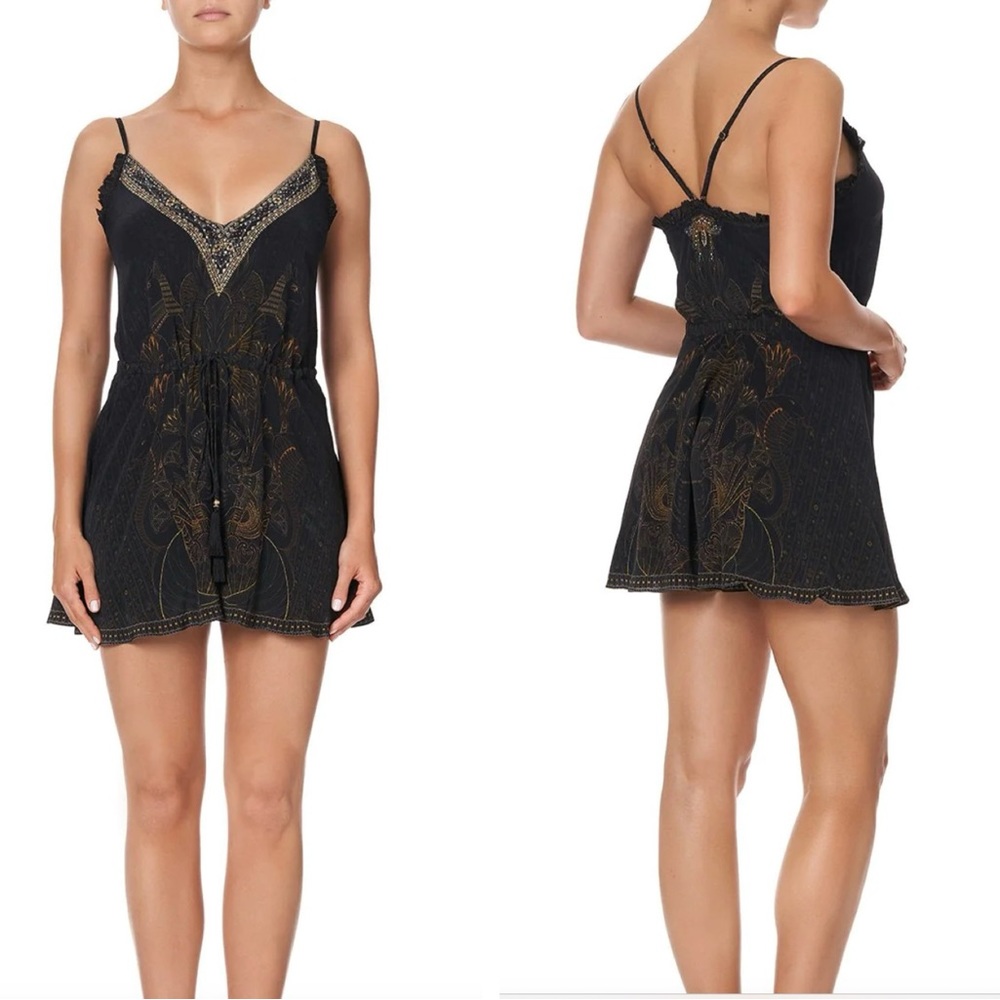 CAMILLA *Cobra King* black gold silk Egyptian theme strappy romper playsuit M
